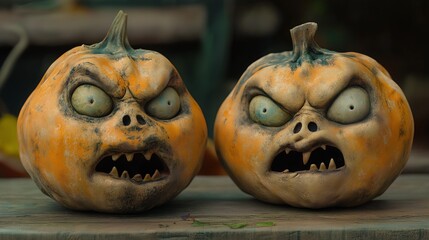 Two scary Halloween pumpkins with angry faces