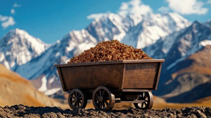 A large wooden cart is filled with a pile of dirt, the mineral inside