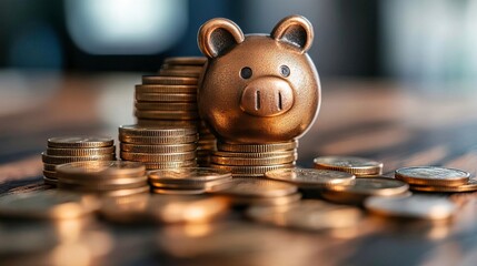 A golden piggy bank surrounded by shiny coins, symbolizing savings and financial security.