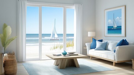 Wall Mural - Coastal living room with nautical decor, light blue accents, and a view of the beach