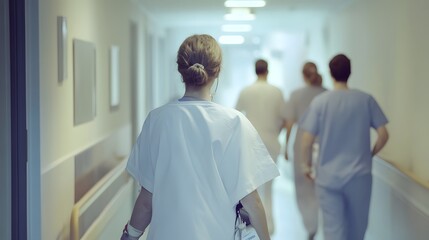 Wall Mural - A female medical professional walks down a hospital corridor.