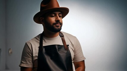 Wall Mural - Barista looks smart in a rough leather apron against dramatic lighting in a white studio.