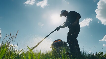 A man in a hat is using a weed wacker in a field.