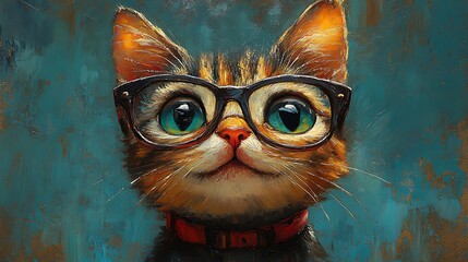  A cute cat with big green eyes wearing glasses and a red collar, painted in a whimsical style.
