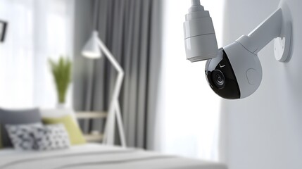 A modern security camera mounted on a white wall in a bedroom, keeping a watchful eye over the space.