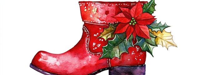 Wall Mural - Red Christmas boot featuring appliques Isolated on white background Watercolor illustration suitable for decoration and design for the holiday season