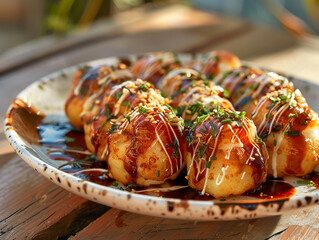 Poster - Tasty takoyaki on a plate served on a wooden table. Moring light entered from the side.