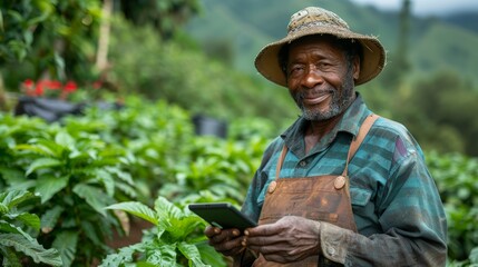 Elderly Farmer Using Digital Tablet in Lush Green Farm Field with Mountains in the Background