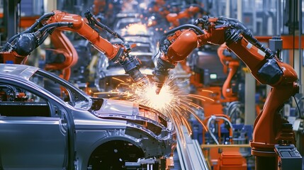 Two robotic arms weld a car chassis on an assembly line.