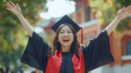 Wall Mural - Young happy Asian woman university graduate in graduation gown and cap in the college campus. Education stock photo. 