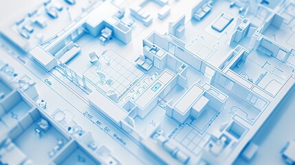 Wall Mural - Detailed blueprint of a medical clinic, including examination rooms, waiting areas, and specialized medical equipment locations.