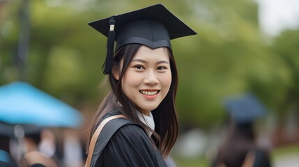 Young happy Asian woman university graduate in graduation gown and cap in the college campus. Education stock photo. 