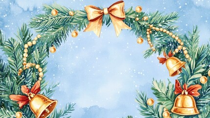 Watercolor circular frame featuring festive decorations including garlands of glittering gold beads sparkling gold bells a bow and a winter themed illustration with Christmas ornaments on a blue b