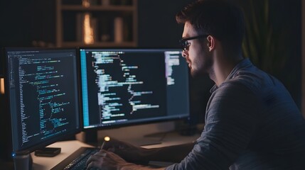 A young man with glasses concentrates on code displayed on two monitors.
