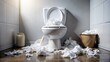 © Four888 - Overflowing toilet bowl with toilet paper and water surrounding the base, indicating a severe clog, creating a messy and frustrating bathroom scene.