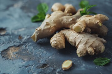 Wall Mural - Ginger root on dark background, rustic style