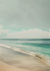 Photo of a serene beach with clear blue water, soft sand, and a peaceful horizon in the background.