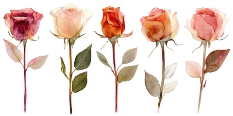 Wall Mural - Set of translucent watercolor roses Botanical flower illustration featuring isolated pressed flowers and leaves