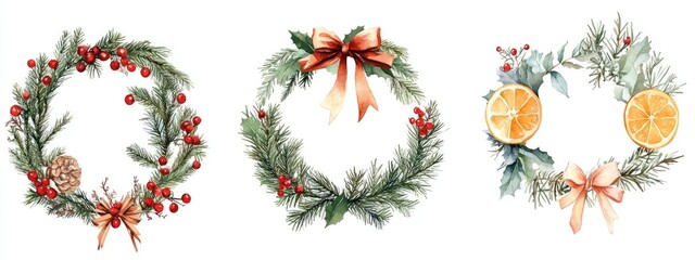 Watercolor Christmas wreath collection featuring winter round frames adorned with spruce branches red berries dried orange slices and ribbon bows all set against a white background Ideal for festi