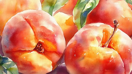 Watercolor depiction of peaches peach juice and peach cobbler in close up Design concept for packaging menus and postcards