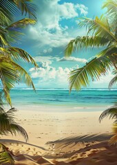 Wall Mural - Photo of a serene beach with clear blue water, soft sand, and a peaceful horizon in the background.