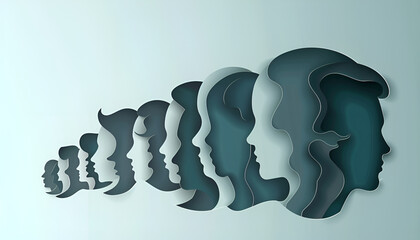 men and women crowd portrait in profile silhouette isolated in paper cut style