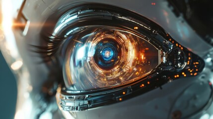 Futuristic AI Robot Eye Scanning Battlefield with Intense Focus and Precision