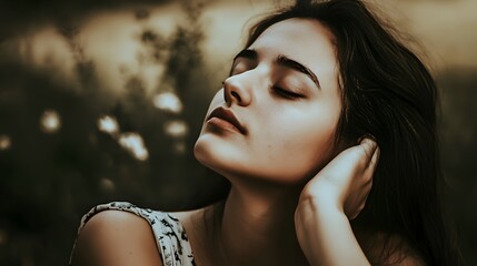 Wall Mural - A young woman with her eyes closed, appears to be lost in thought, while touching her hair.