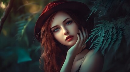 Canvas Print - A young woman with red hair and a red hat poses in front of a lush green backdrop.