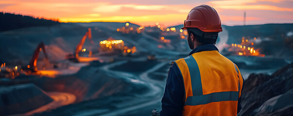 Wall Mural - A construction worker admires the illuminated mining site at dusk, showcasing hard work and dedication in the industry.