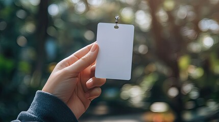 Hand holding blank white card with lanyard. Perfect for mockups of business cards, ID badges, or other similar items.