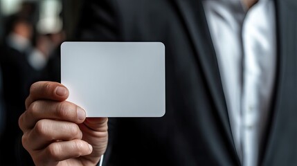 A man in a suit holding a blank card. Perfect for adding text or a logo for business presentations or marketing.