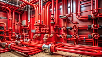 Poster - Equipment, cables and piping in shades of red , red, equipment, cables, piping, technology, electrical, industrial