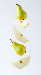 Poster - Pears with half slices pear falling or flying in the air isolated on white background