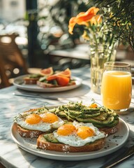 Poster - A stylish European brunch setup with avocado toast, poached eggs, and a glass of freshly squeezed orange juice, arranged on a marble table with a soft, natural light creating a clean and inviting