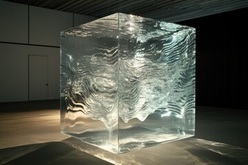 Wall Mural - A Large Rectangular Block of Clear Ice With Wavy Lines and Distortions Inside