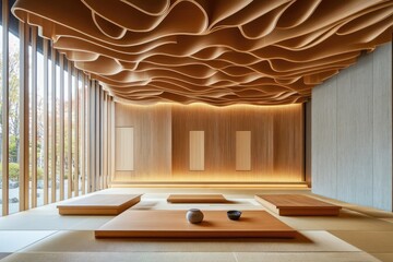 Wall Mural - Japanese Tea Room with Wavy Wooden Ceiling and Tatami Mat Flooring