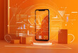 © MRSUTIN - Bright orange background with abstract geometric shapes and a smartphone showing a chart.