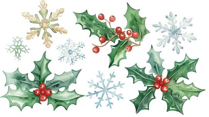 Snowflakes and holly leaves, Christmas theme, watercolor style, isolated on white background