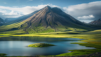 Wall Mural - a dome mountain with smooth, green slopes and a serene blue lake