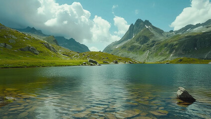 Wall Mural - a dome mountain with smooth, green slopes and a serene blue lake