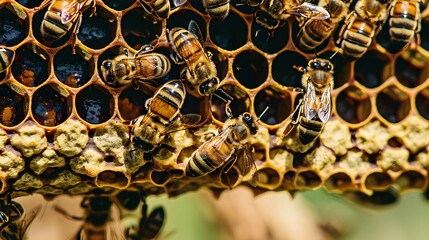 Macro photo of working bees on honeycombs. Beekeeping and honey production image.