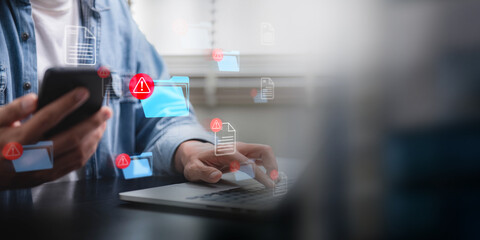 Leinwandbilder - hacking and spam warning symbol on document file. Person using a smartphone and laptop with multiple cybersecurity alerts on a digital interface, highlighting potential data threats.