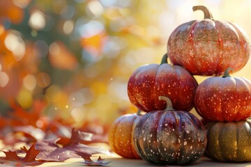 Poster - A harvest season display featuring colorful pumpkins stacked together. Warm side lighting accentuates their texture, while blurred autumn leaves in the background add a soft touch of color 