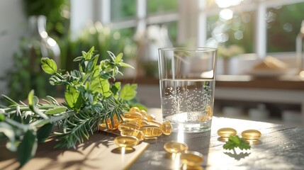 Refreshing scene with a glass of water, golden vitamin capsules, and fresh green herbs on a sunlit table. The vibrant natural elements suggest health, wellness, and the benefits of natural supplements