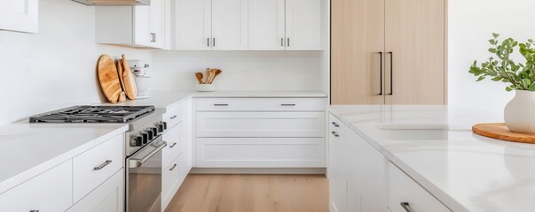 Open-plan coastal kitchen with white cabinets, marble countertops, and driftwood decor, bright and airy, photorealistic, seaside elegance