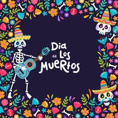 Wall Mural - Cute hand drawn Day of the Dead illustrations, colorful calaveras with detailed sombreros and flower decoration - vector design