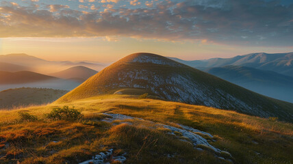 Wall Mural - a panoramic view of a dome mountain bathed in the golden light of dawn