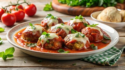 Savory Italian meatball dish served with marinara sauce, melted mozzarella cheese, and fresh basil, garnished with parsley on a white ceramic plate.