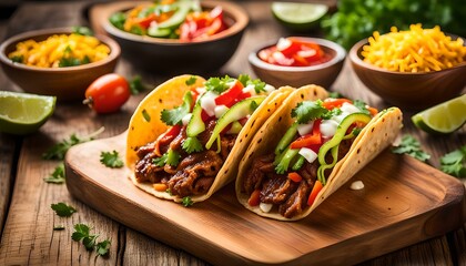 Wall Mural - tacos with meat and vegetables - Mexican food style
